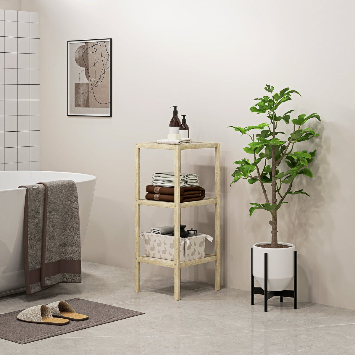 Bathroom Shelf, Bathroom Shelf with 3 Tiers, Bamboo Standing Shelf with Foot Pad, for Bathroom, Living Room, Kitchen, 33 x 31 x 78 cm, Natural Wood