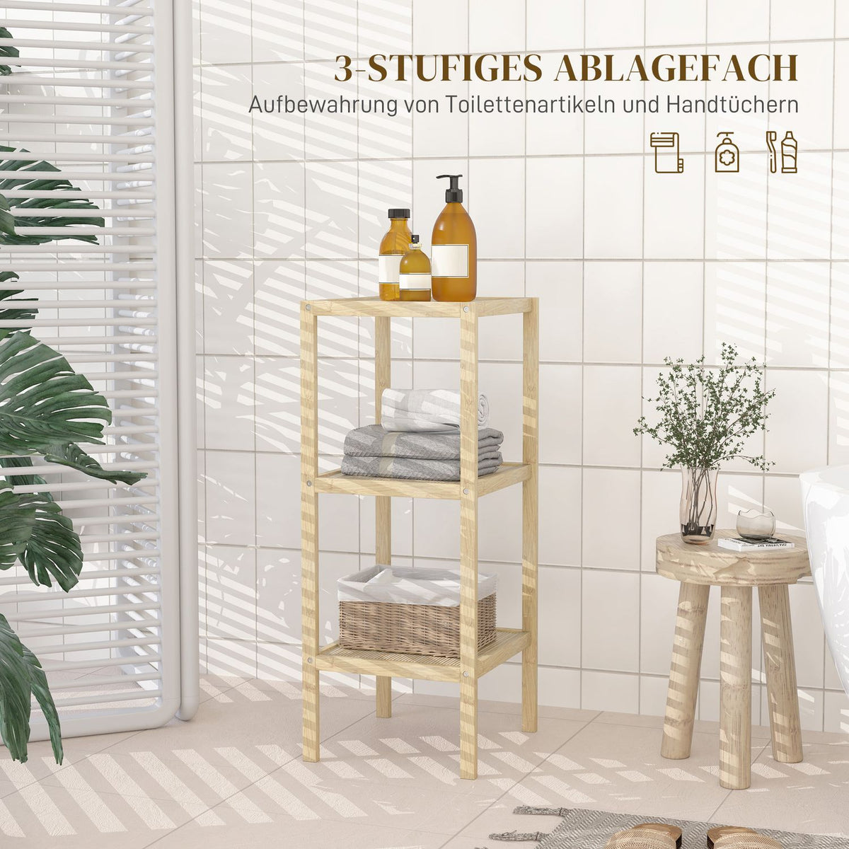 Bathroom Shelf, Bathroom Shelf with 3 Tiers, Bamboo Standing Shelf with Foot Pad, for Bathroom, Living Room, Kitchen, 33 x 31 x 78 cm, Natural Wood
