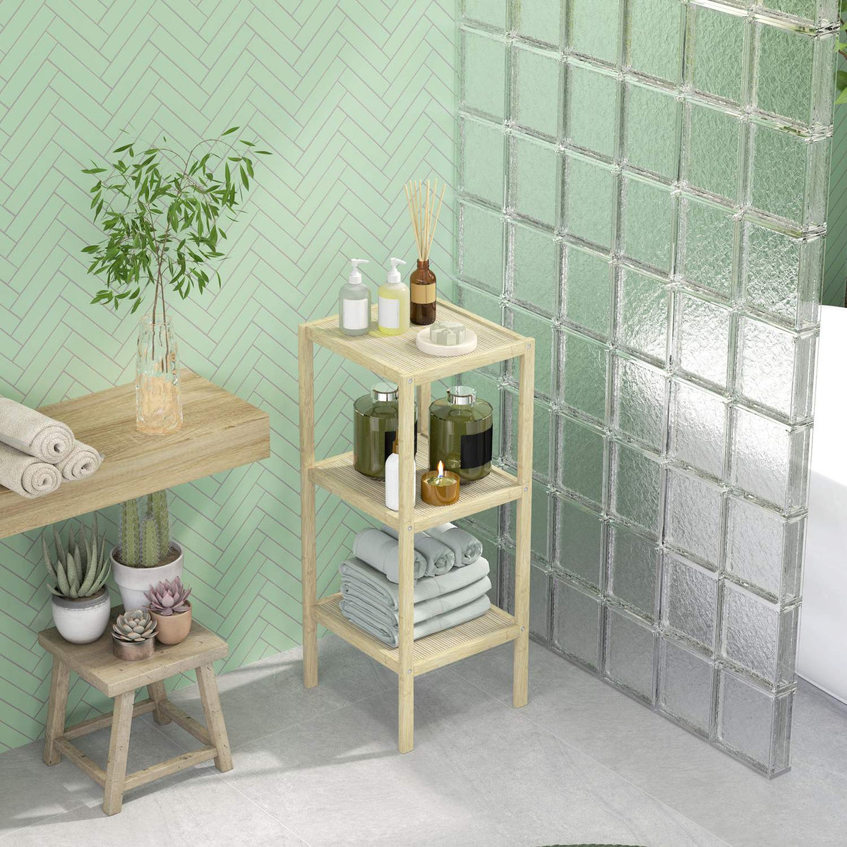 Bathroom Shelf, Bathroom Shelf with 3 Tiers, Bamboo Standing Shelf with Foot Pad, for Bathroom, Living Room, Kitchen, 33 x 31 x 78 cm, Natural Wood