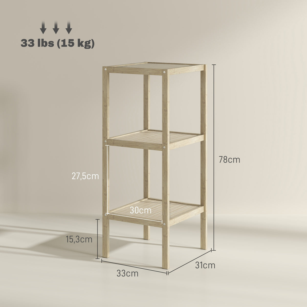 Bathroom Shelf, Bathroom Shelf with 3 Tiers, Bamboo Standing Shelf with Foot Pad, for Bathroom, Living Room, Kitchen, 33 x 31 x 78 cm, Natural Wood