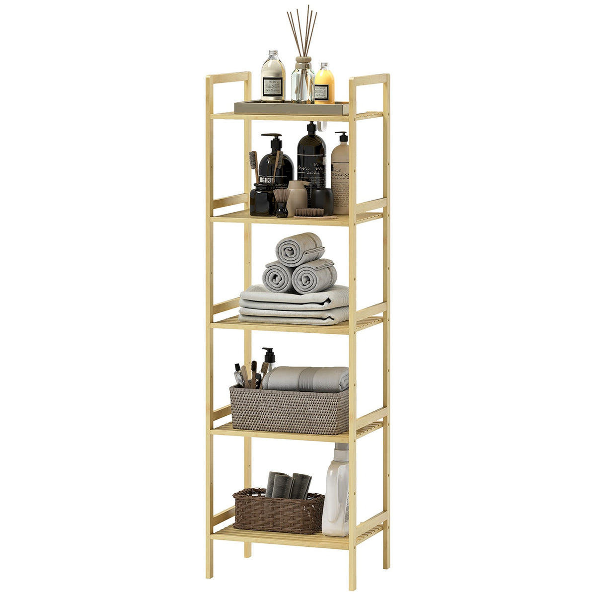 Bathroom Shelf, Bathroom Shelf with 5 Tiers, Bamboo Storage Shelf, Standing Shelf with Adjustable Shelves for Bathroom, Living Room, Kitchen, 43.5 x 31.5 x 142 cm, Natural Wood