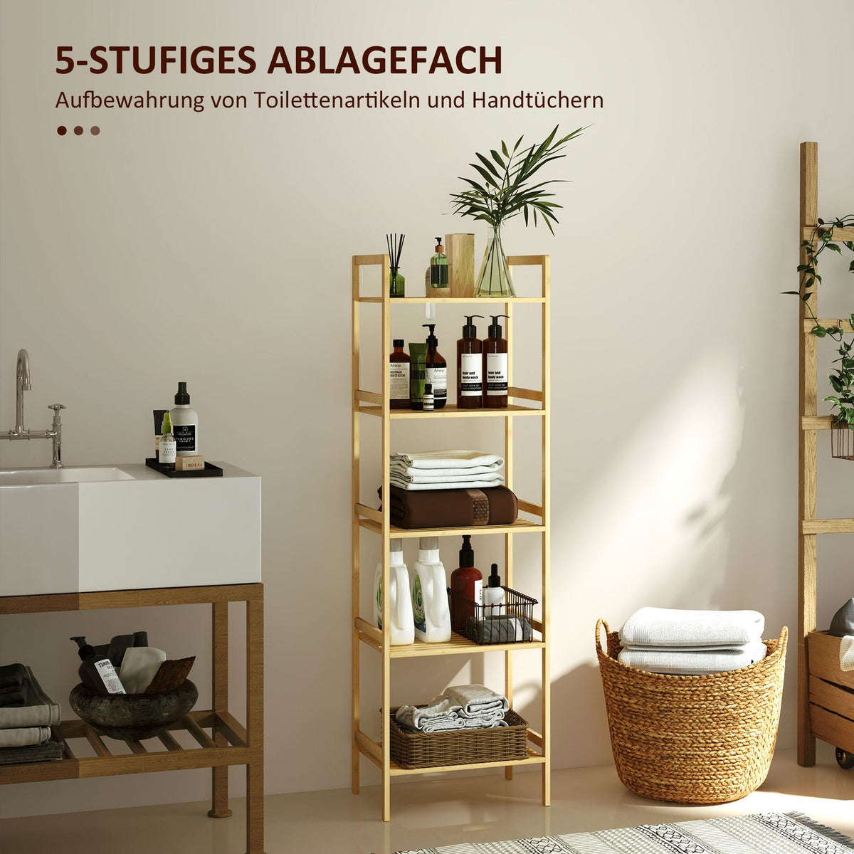 Bathroom Shelf, Bathroom Shelf with 5 Tiers, Bamboo Storage Shelf, Standing Shelf with Adjustable Shelves for Bathroom, Living Room, Kitchen, 43.5 x 31.5 x 142 cm, Natural Wood