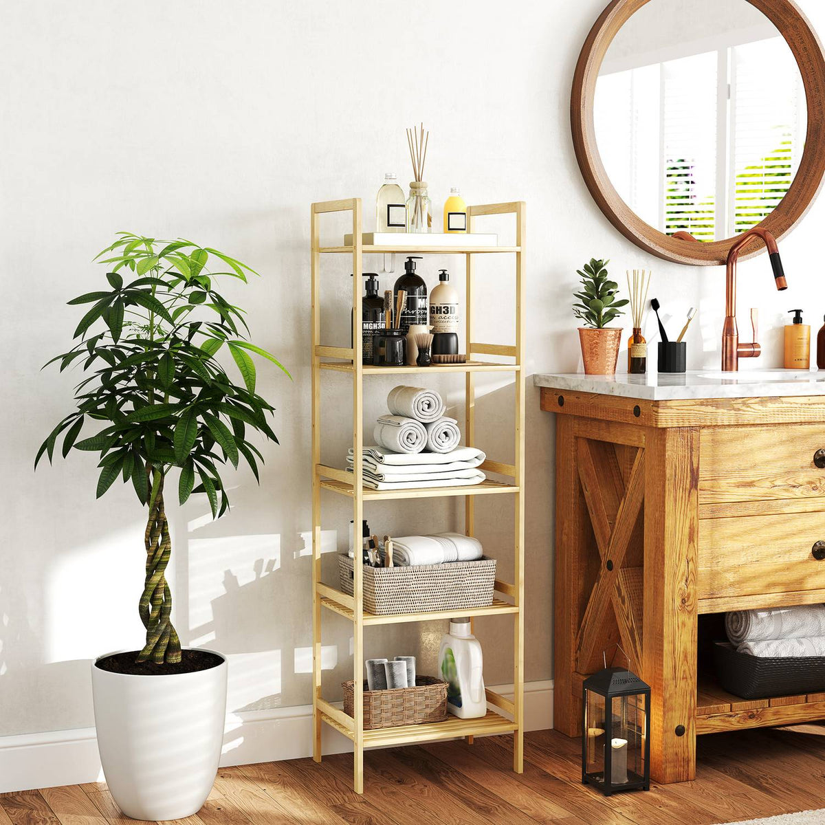 Bathroom Shelf, Bathroom Shelf with 5 Tiers, Bamboo Storage Shelf, Standing Shelf with Adjustable Shelves for Bathroom, Living Room, Kitchen, 43.5 x 31.5 x 142 cm, Natural Wood