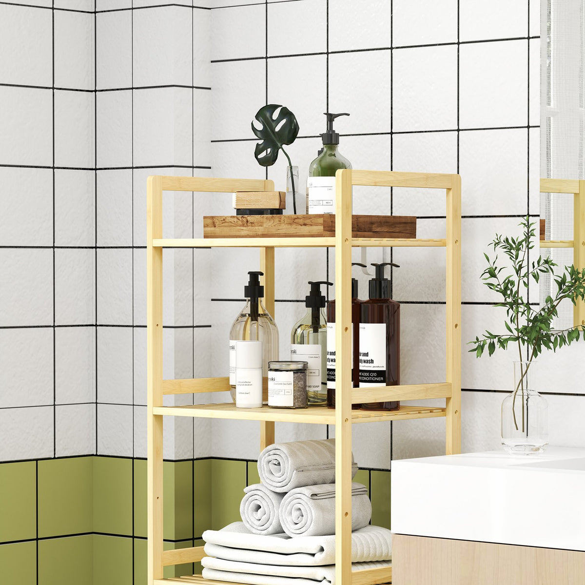 Bathroom Shelf, Bathroom Shelf with 5 Tiers, Bamboo Storage Shelf, Standing Shelf with Adjustable Shelves for Bathroom, Living Room, Kitchen, 43.5 x 31.5 x 142 cm, Natural Wood