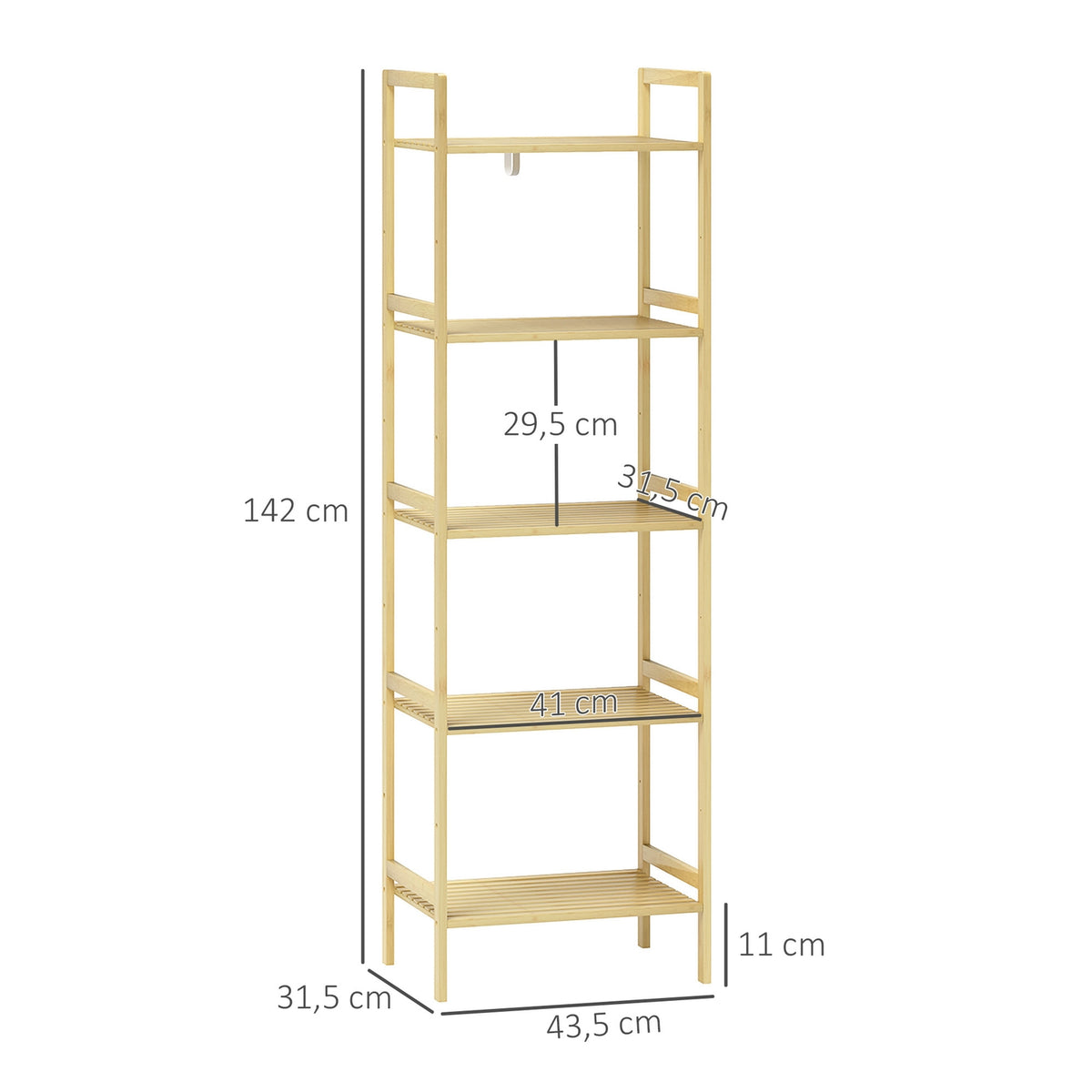 Bathroom Shelf, Bathroom Shelf with 5 Tiers, Bamboo Storage Shelf, Standing Shelf with Adjustable Shelves for Bathroom, Living Room, Kitchen, 43.5 x 31.5 x 142 cm, Natural Wood