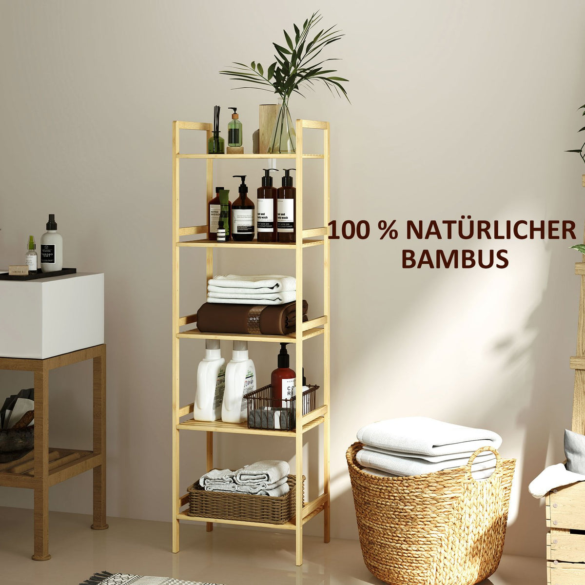 Bathroom Shelf, Bathroom Shelf with 5 Tiers, Bamboo Storage Shelf, Standing Shelf with Adjustable Shelves for Bathroom, Living Room, Kitchen, 43.5 x 31.5 x 142 cm, Natural Wood