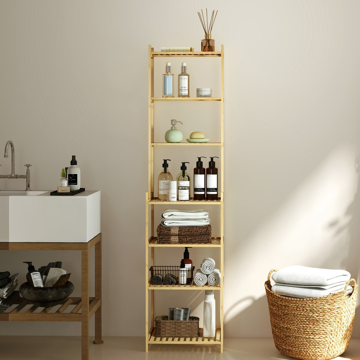 Bathroom Shelf, Bathroom Shelf with 7 Tiers, Standing Shelf Storage Shelf Made of Bamboo for Living Room, Bathroom, Natural, 44 x 33 x 180 cm