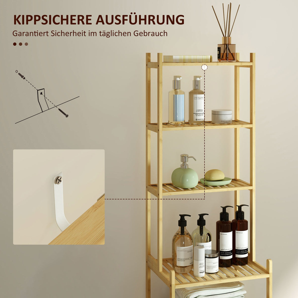 Bathroom Shelf, Bathroom Shelf with 7 Tiers, Standing Shelf Storage Shelf Made of Bamboo for Living Room, Bathroom, Natural, 44 x 33 x 180 cm