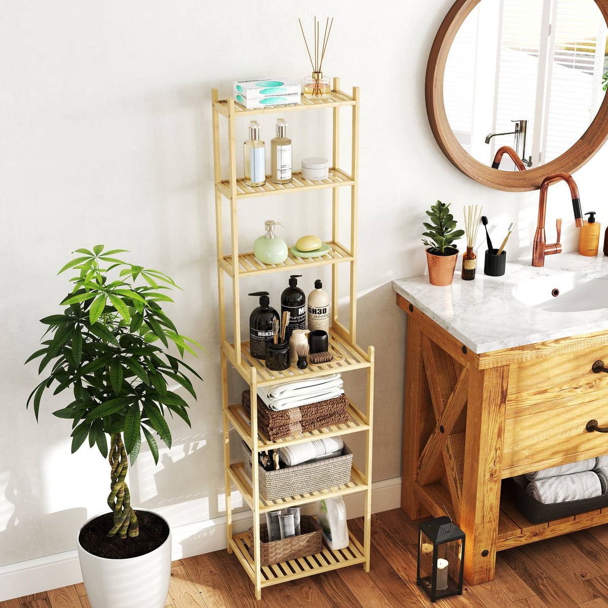 Bathroom Shelf, Bathroom Shelf with 7 Tiers, Standing Shelf Storage Shelf Made of Bamboo for Living Room, Bathroom, Natural, 44 x 33 x 180 cm