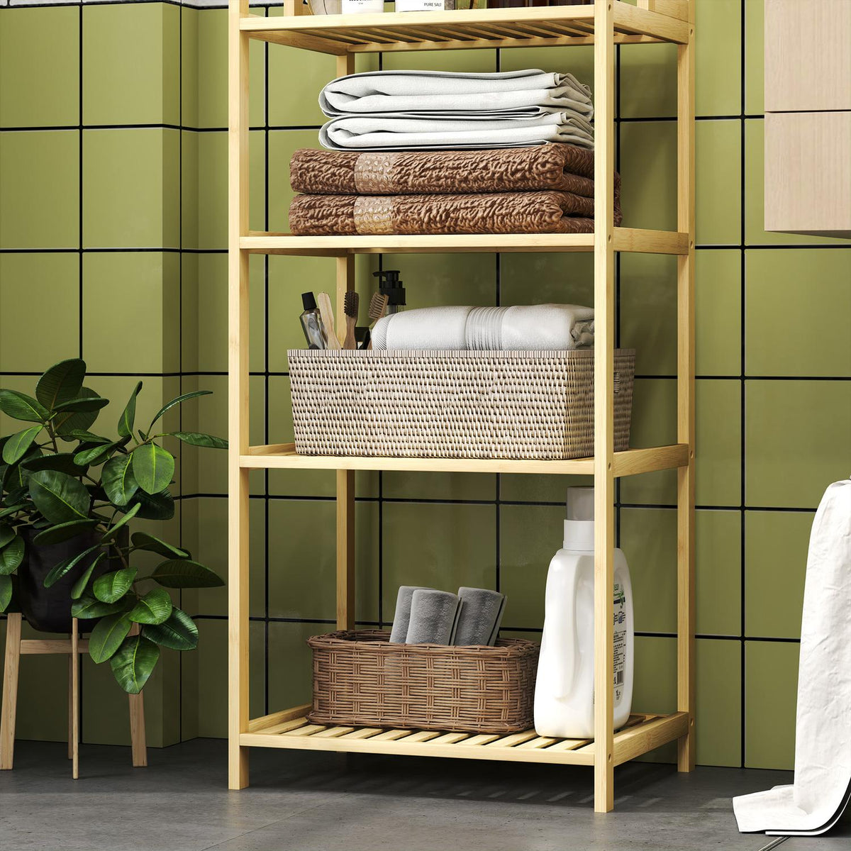 Bathroom Shelf, Bathroom Shelf with 7 Tiers, Standing Shelf Storage Shelf Made of Bamboo for Living Room, Bathroom, Natural, 44 x 33 x 180 cm