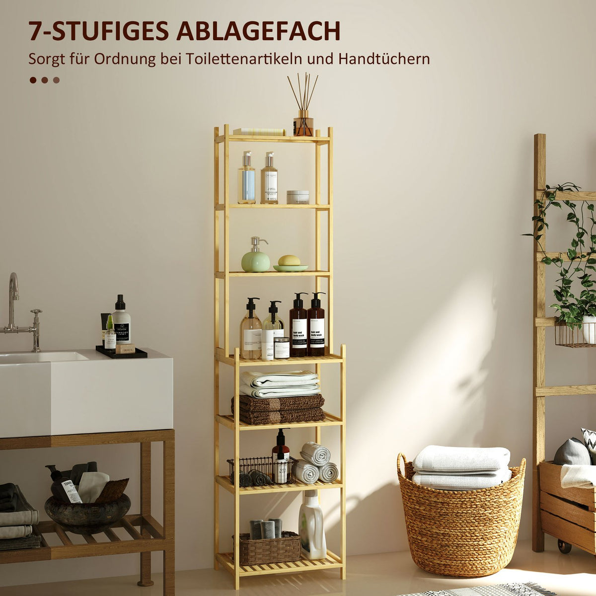 Bathroom Shelf, Bathroom Shelf with 7 Tiers, Standing Shelf Storage Shelf Made of Bamboo for Living Room, Bathroom, Natural, 44 x 33 x 180 cm