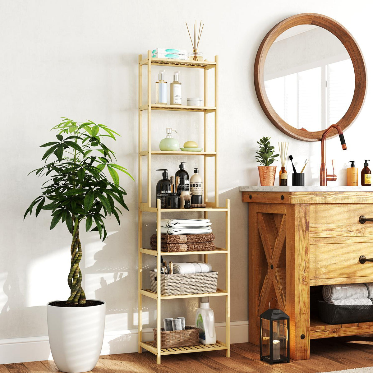 Bathroom Shelf, Bathroom Shelf with 7 Tiers, Standing Shelf Storage Shelf Made of Bamboo for Living Room, Bathroom, Natural, 44 x 33 x 180 cm
