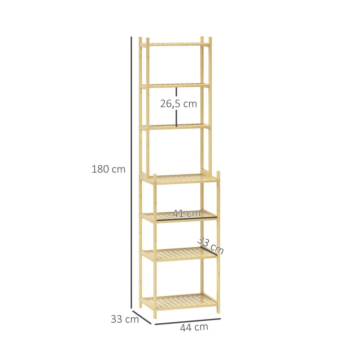 Bathroom Shelf, Bathroom Shelf with 7 Tiers, Standing Shelf Storage Shelf Made of Bamboo for Living Room, Bathroom, Natural, 44 x 33 x 180 cm