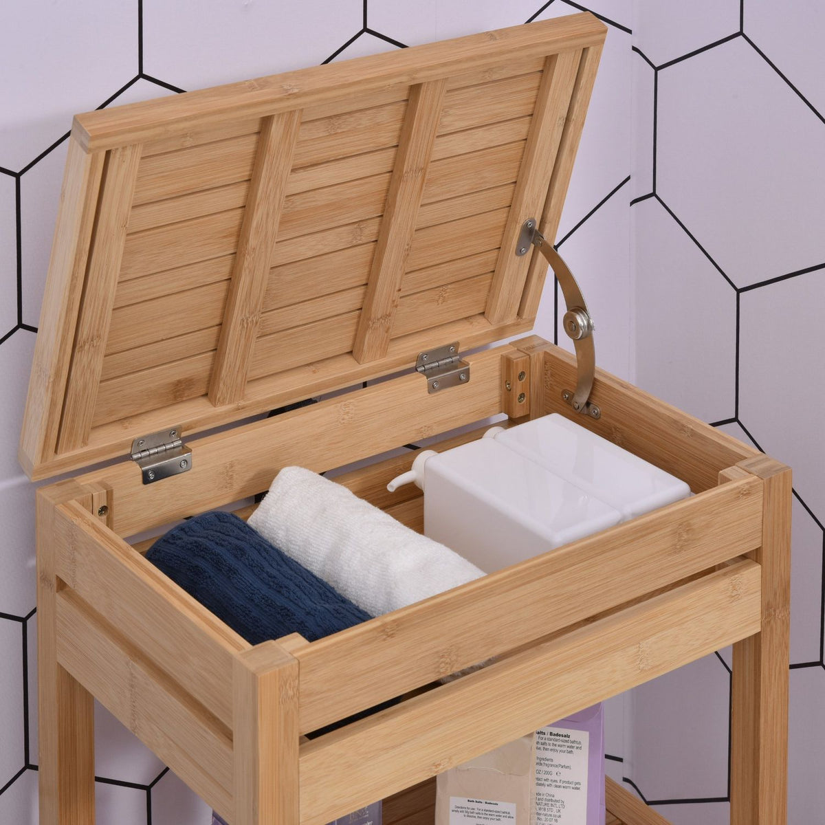 Bathroom Shelf With Hinged Lid, Made Of Bamboo, Natural, 46X29.5X76.5Cm