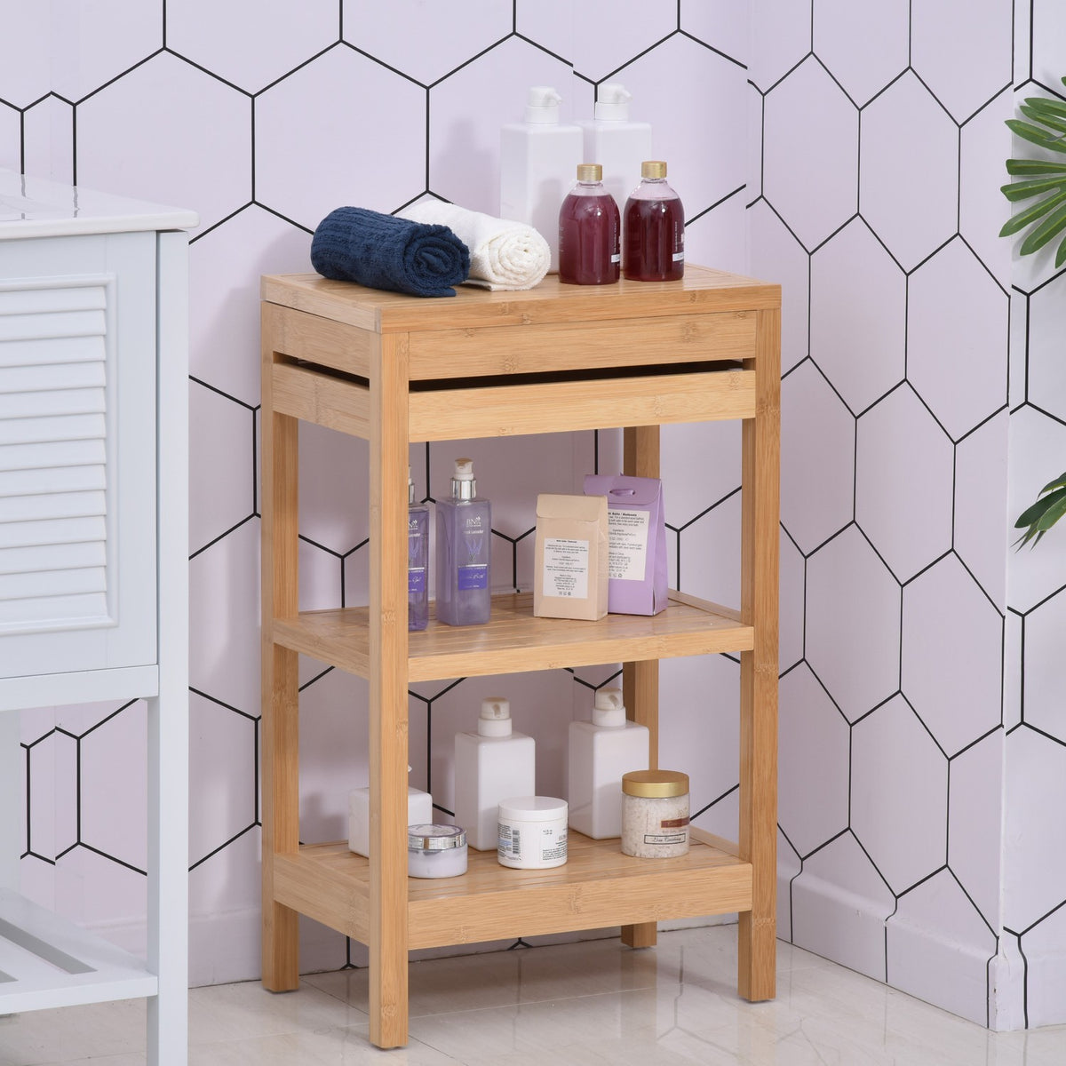 Bathroom Shelf With Hinged Lid, Made Of Bamboo, Natural, 46X29.5X76.5Cm