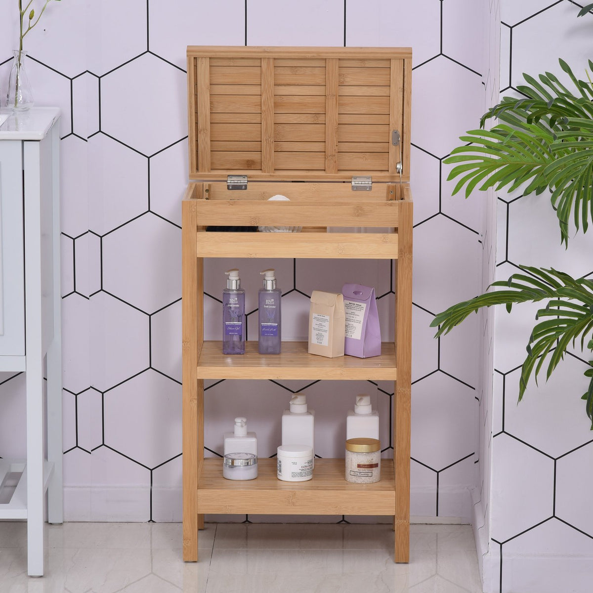 Bathroom Shelf With Hinged Lid, Made Of Bamboo, Natural, 46X29.5X76.5Cm