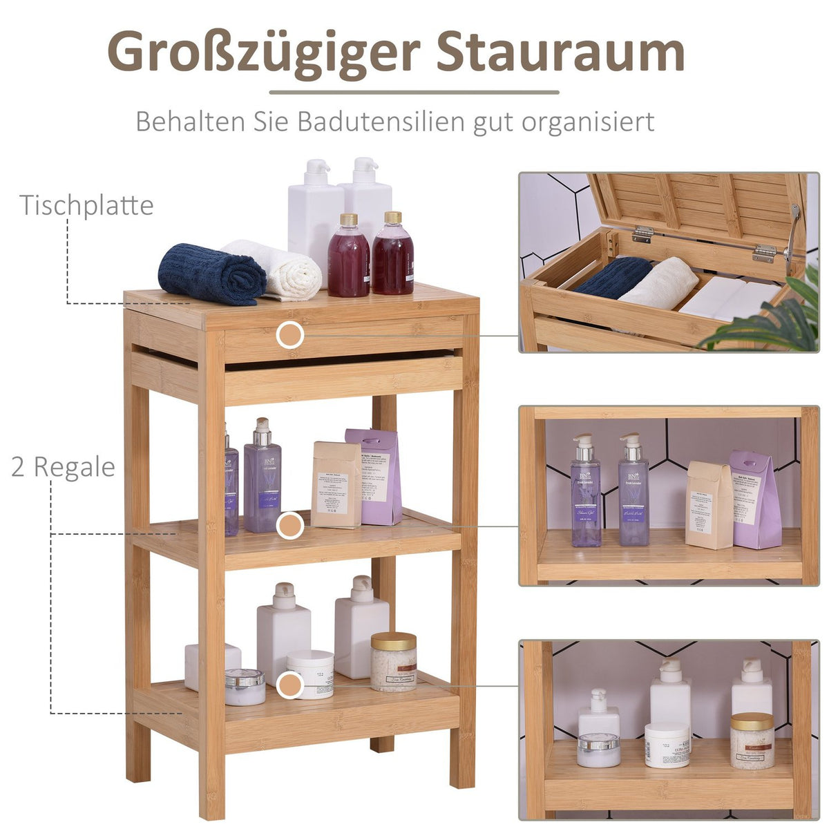 Bathroom Shelf With Hinged Lid, Made Of Bamboo, Natural, 46X29.5X76.5Cm