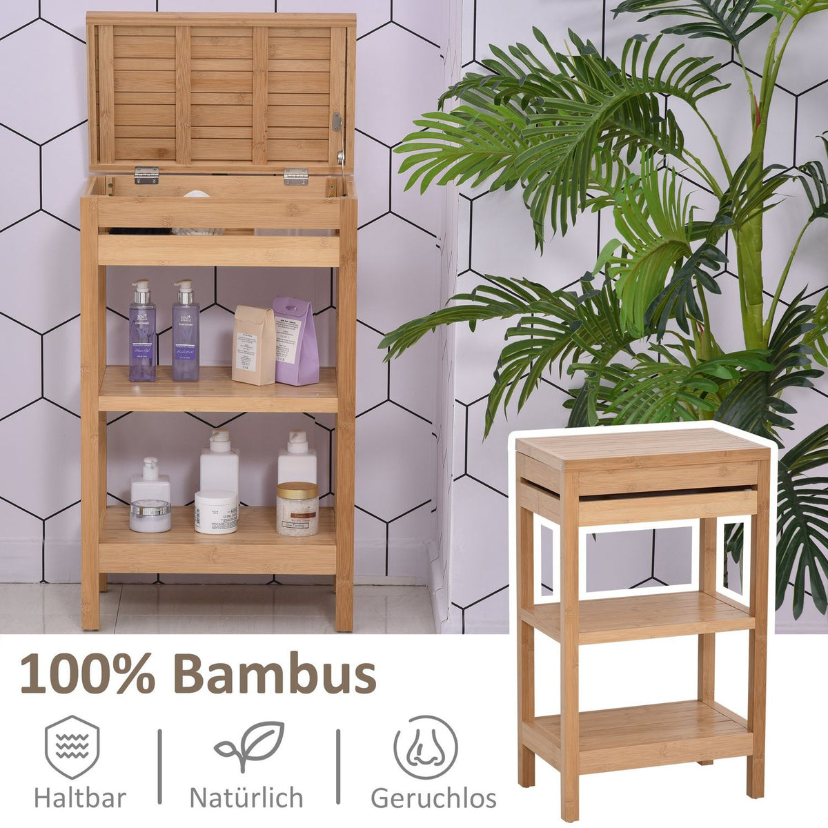 Bathroom Shelf With Hinged Lid, Made Of Bamboo, Natural, 46X29.5X76.5Cm