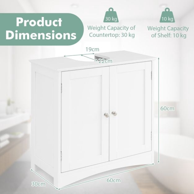 Bathroom Sink Cabinet, 2 Doors, U-Cutout, White 60cm