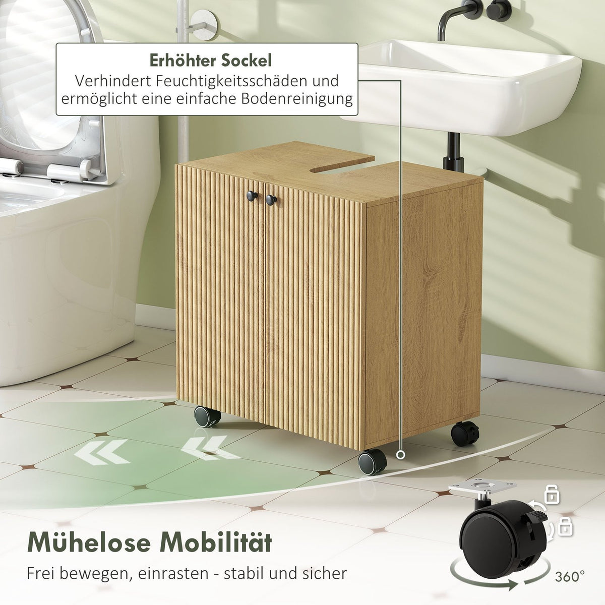 Bathroom Sink Cabinet, 3-Tier Shelf, Wood, Wheels