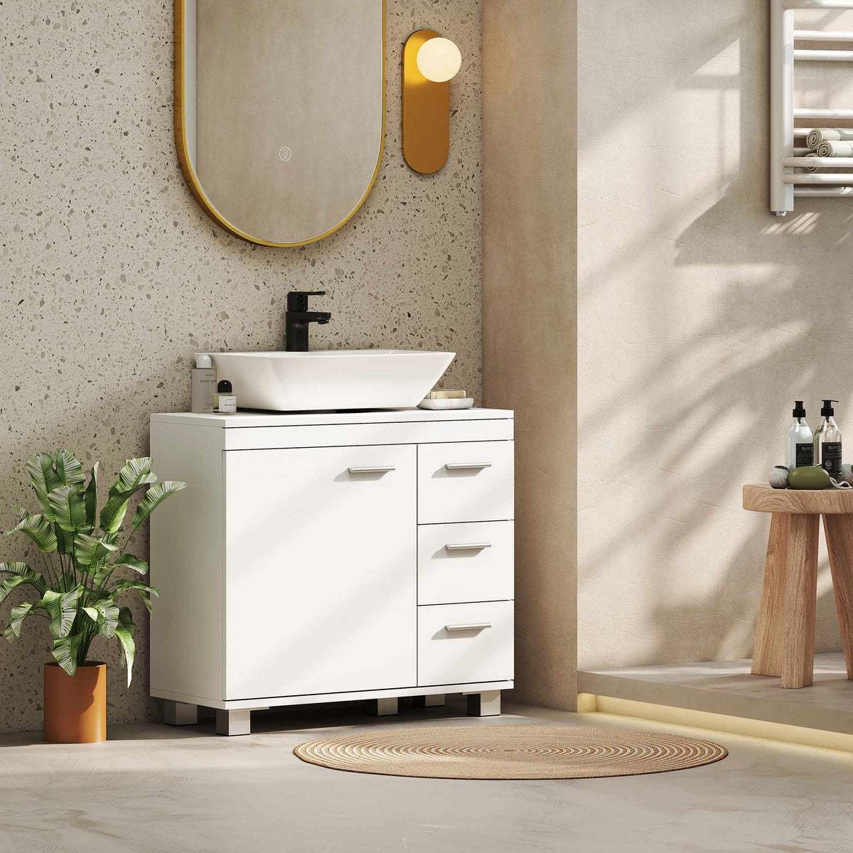 Bathroom Sink Cabinet, MDF, 2 Shelves, 3 Drawers, White