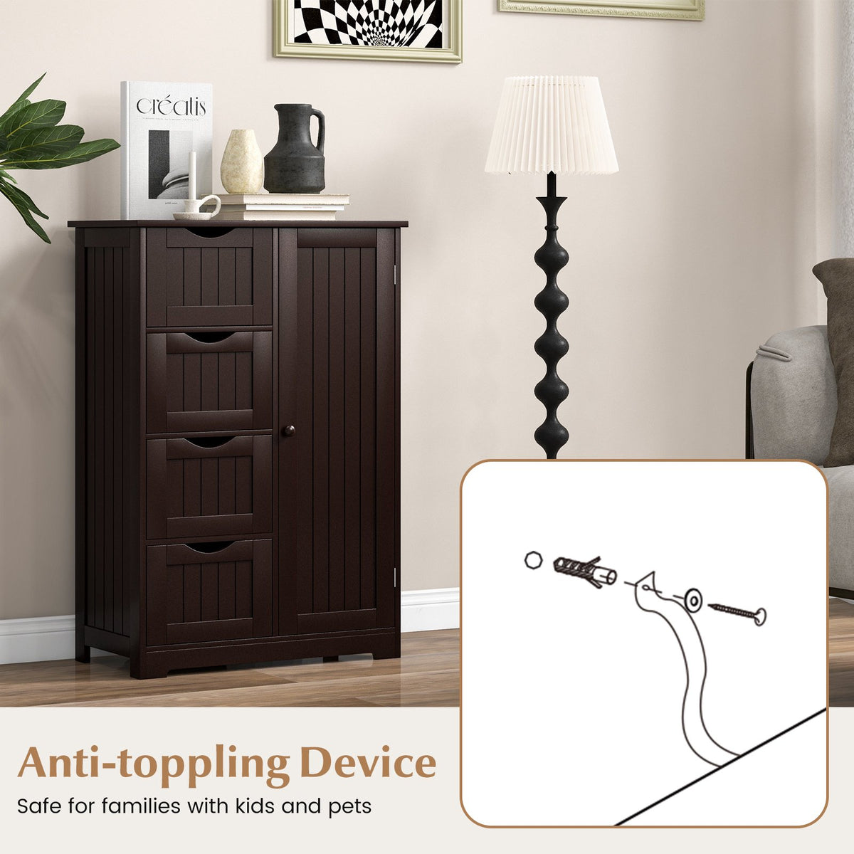 Bathroom Storage Cabinet – 4 Drawers, Door, MDF