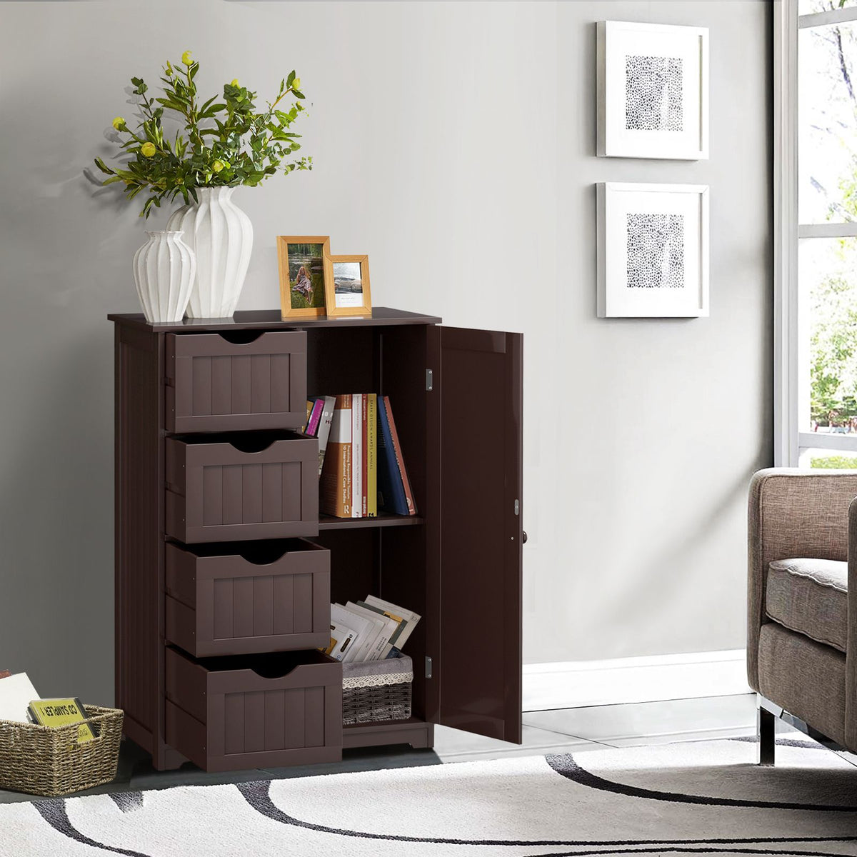Bathroom Storage Cabinet – 4 Drawers, Door, MDF