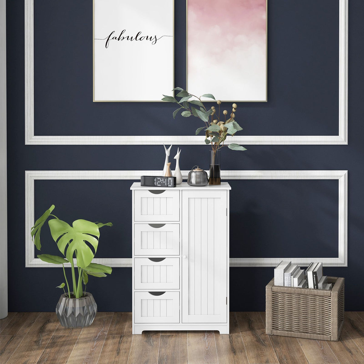 Bathroom Storage Cabinet, 4 Drawers, Door, White