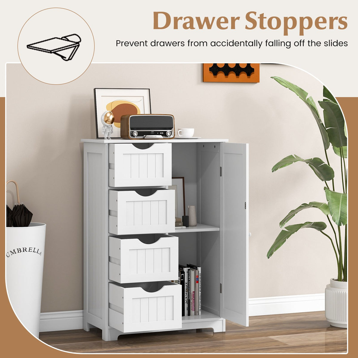 Bathroom Storage Cabinet, 4 Drawers, Door, White
