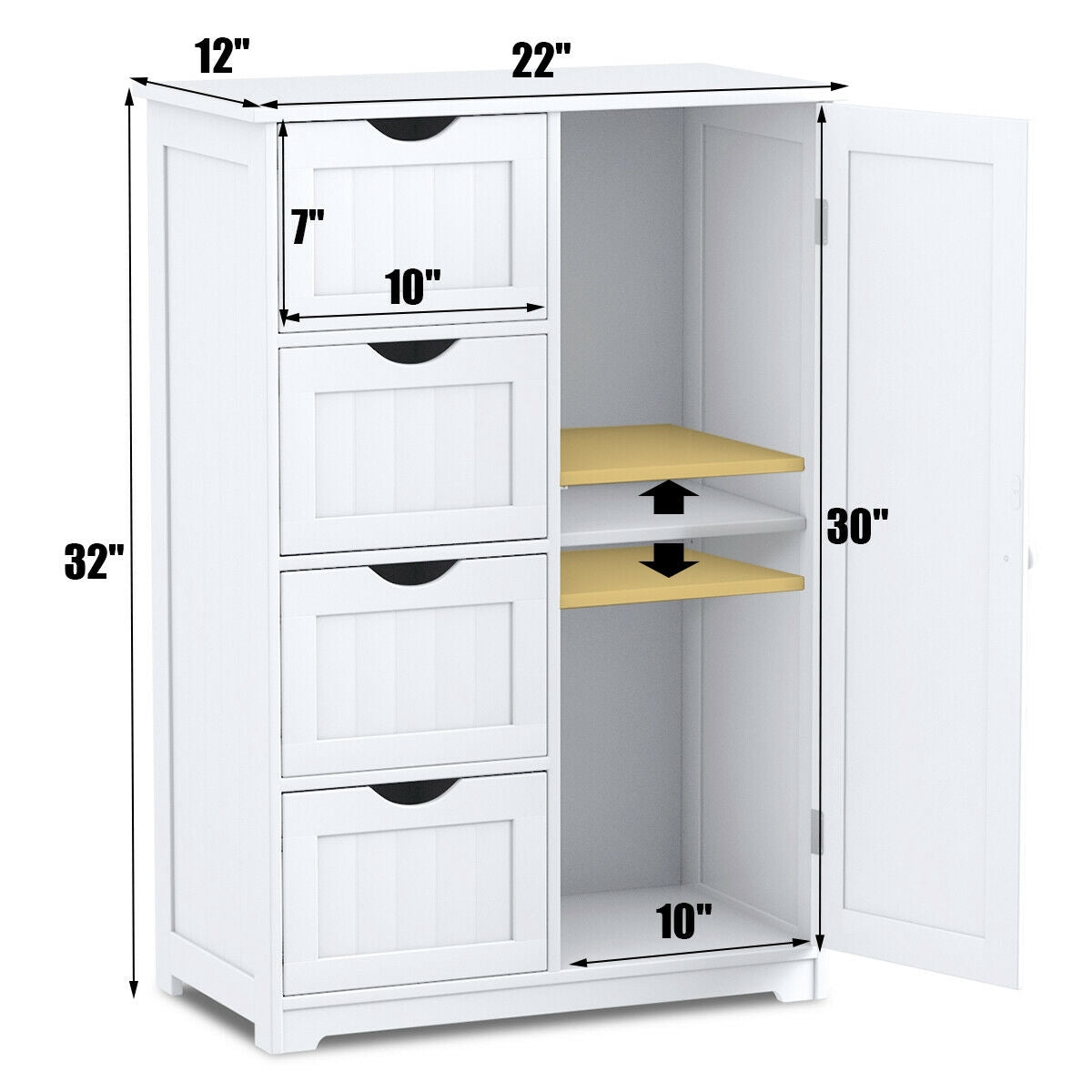 Bathroom Storage Cabinet, 4 Drawers, Door, White