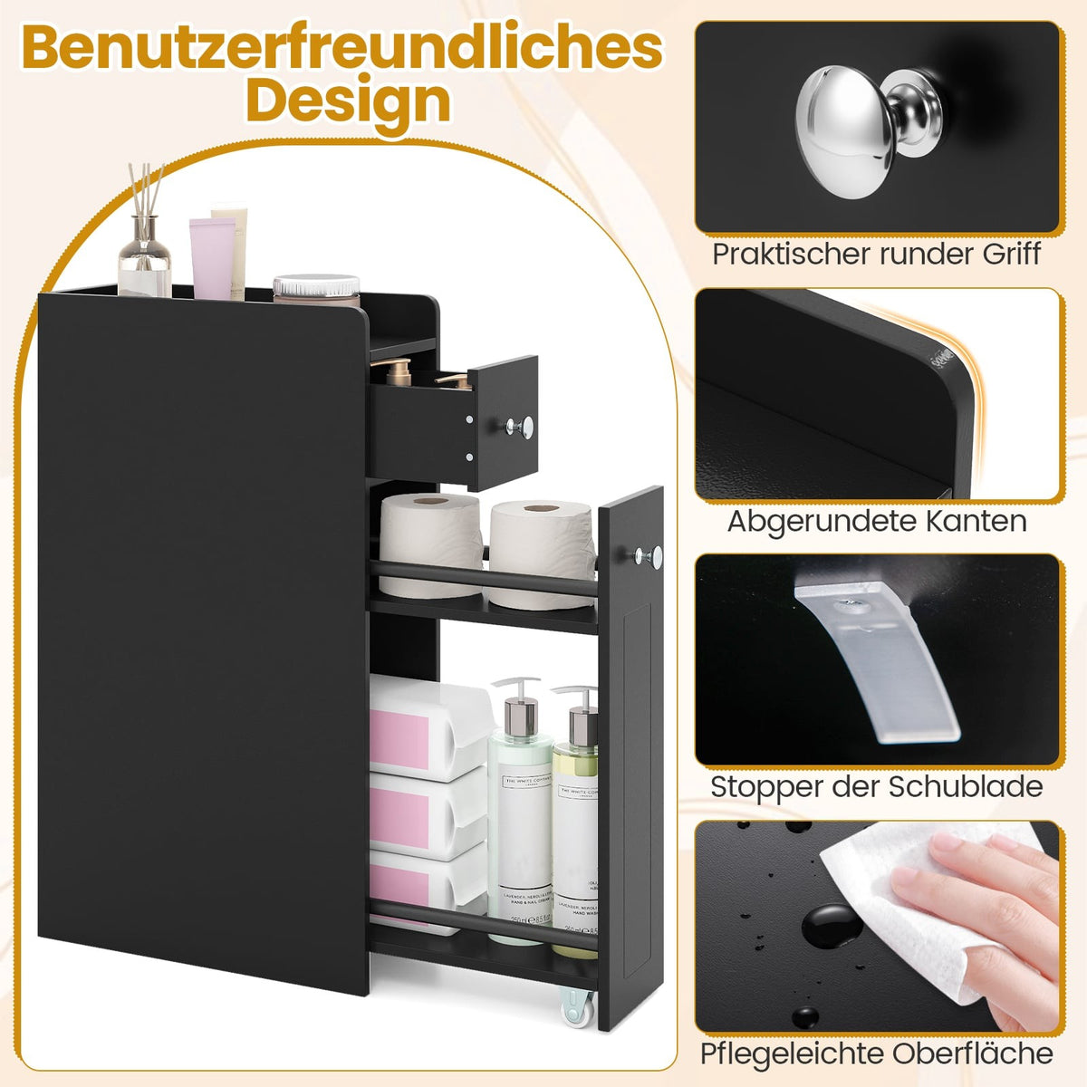 Bathroom Storage Cabinet, 4-Tier Slim Organizer, Black