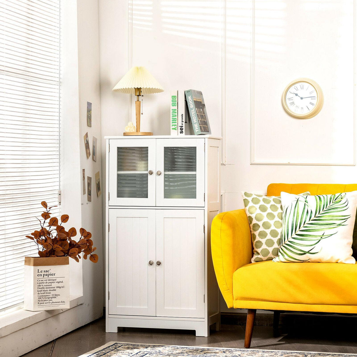 Bathroom Storage Cabinet, Glass Doors, Adjustable Shelf