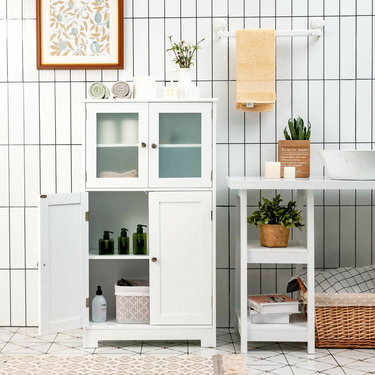 Bathroom Storage Cabinet, Glass Doors, Adjustable Shelf