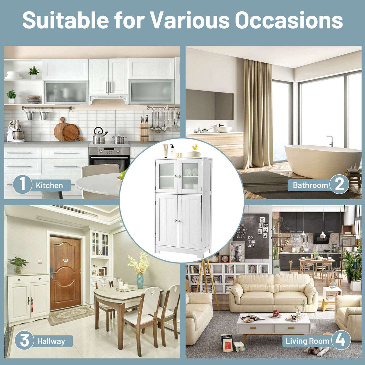 Bathroom Storage Cabinet, Glass Doors, Adjustable Shelf