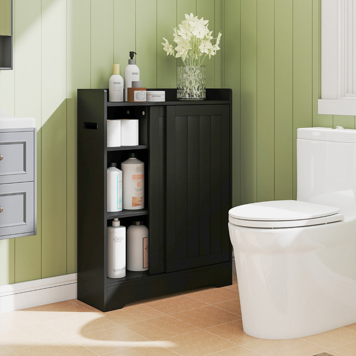Bathroom Storage Cabinet – Slim, Sliding Doors, Paper Holder