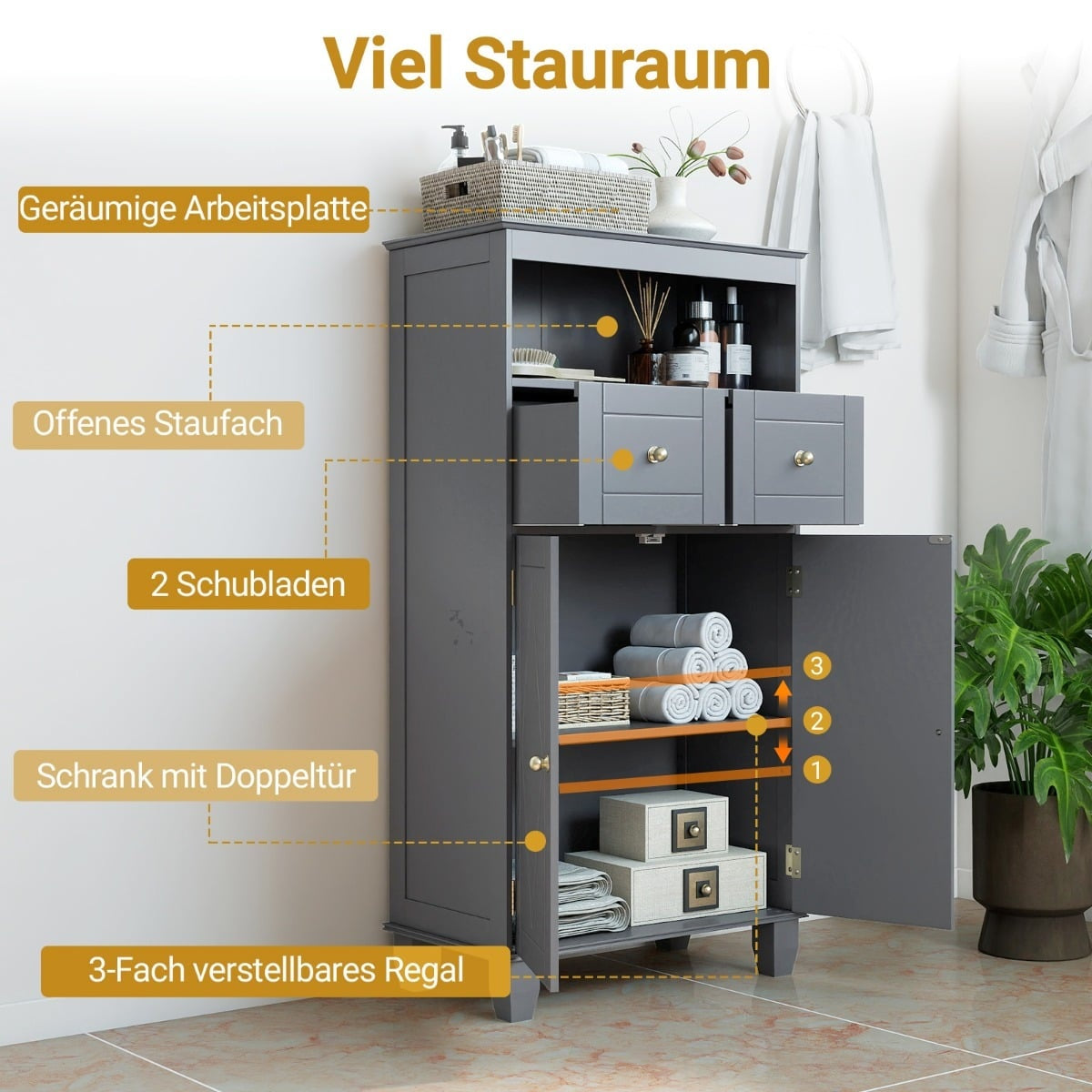 Bathroom Storage Cabinet with Adjustable Shelves, Gray