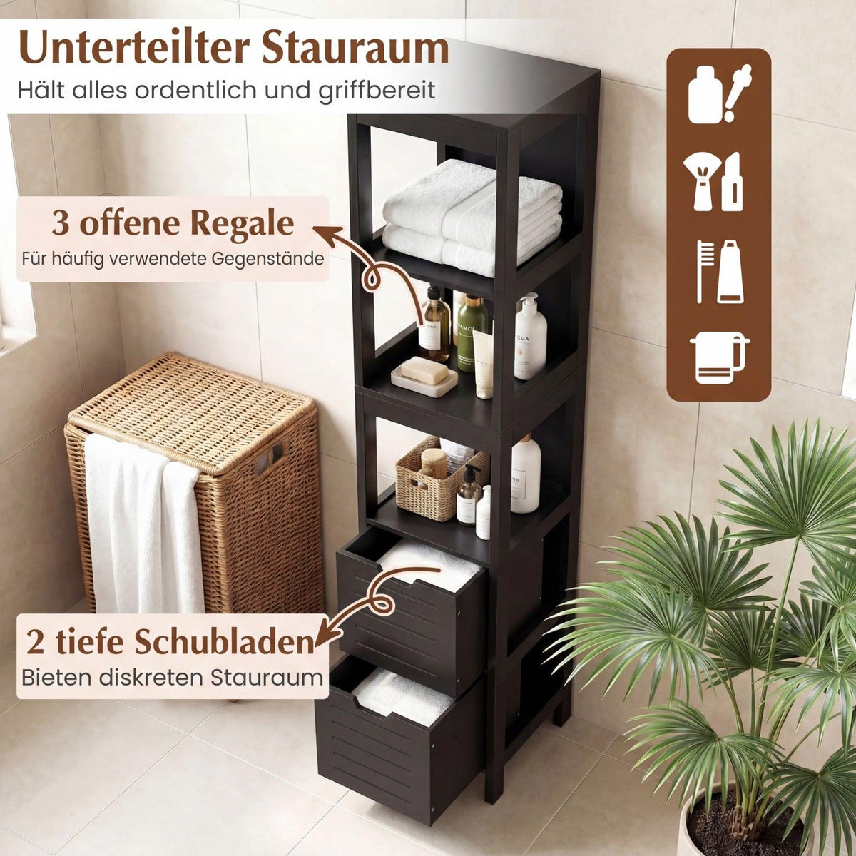 Bathroom Tall Cabinet, Black MDF, 2 Drawers, 3 Shelves