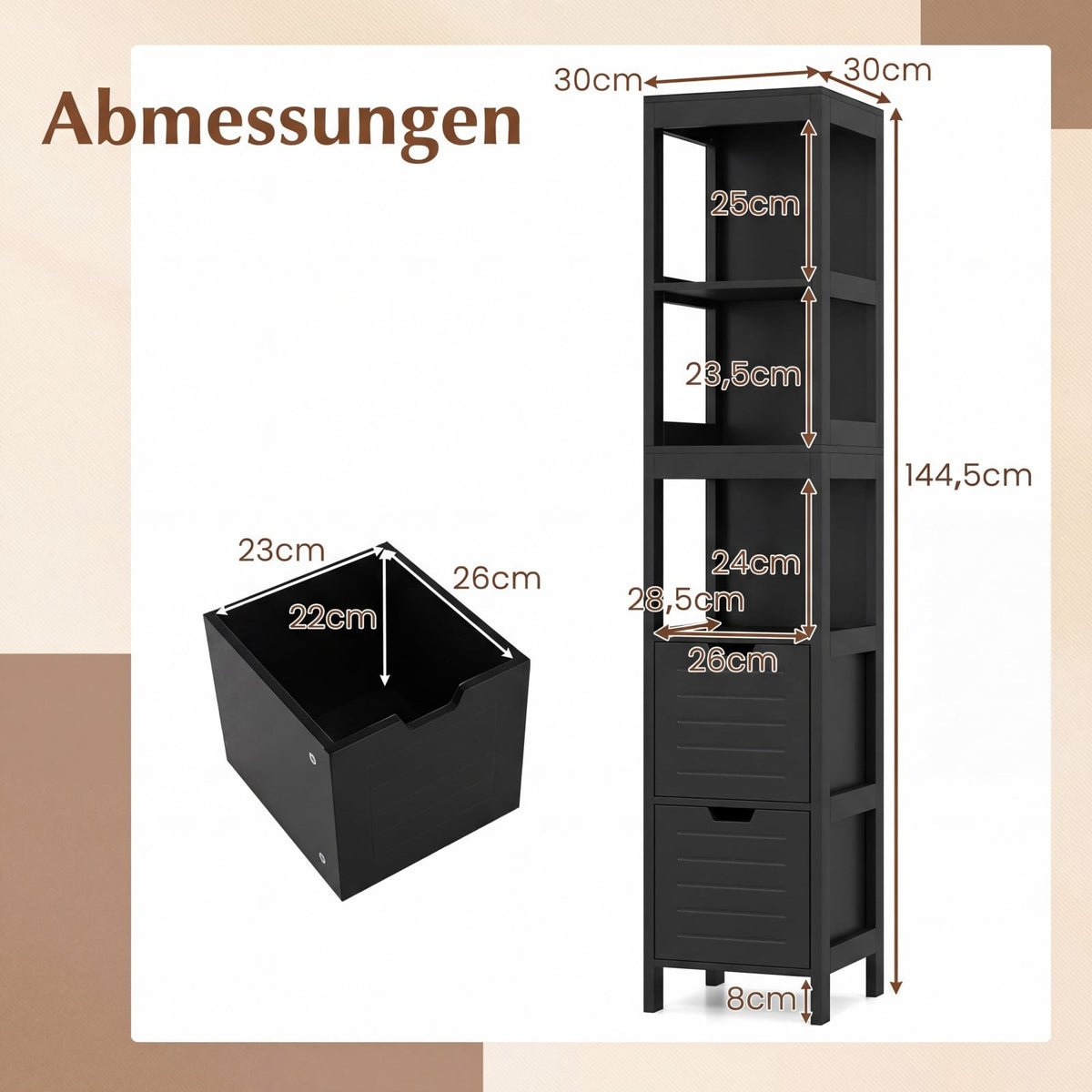 Bathroom Tall Cabinet, Black MDF, 2 Drawers, 3 Shelves