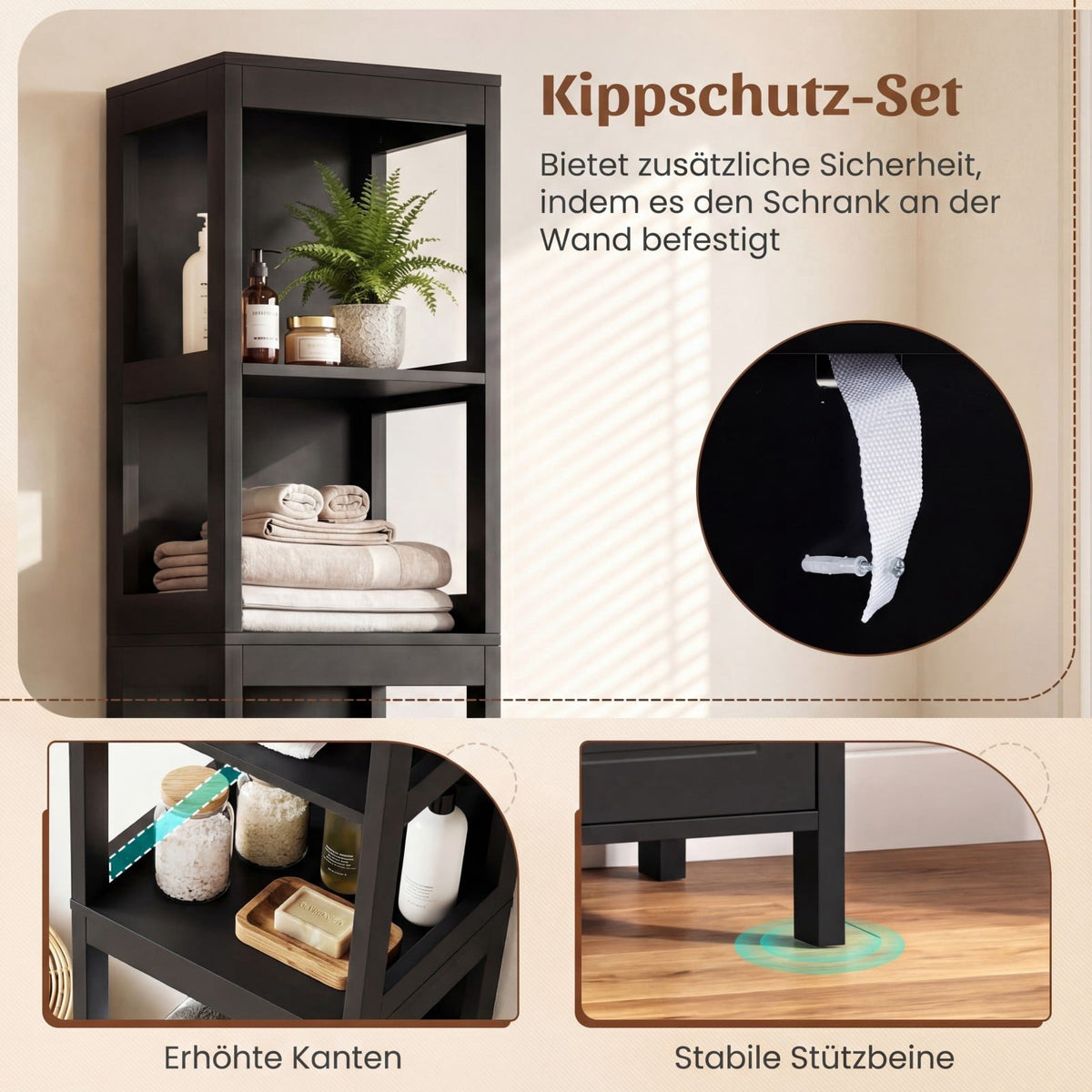 Bathroom Tall Cabinet, Black MDF, 2 Drawers, 3 Shelves