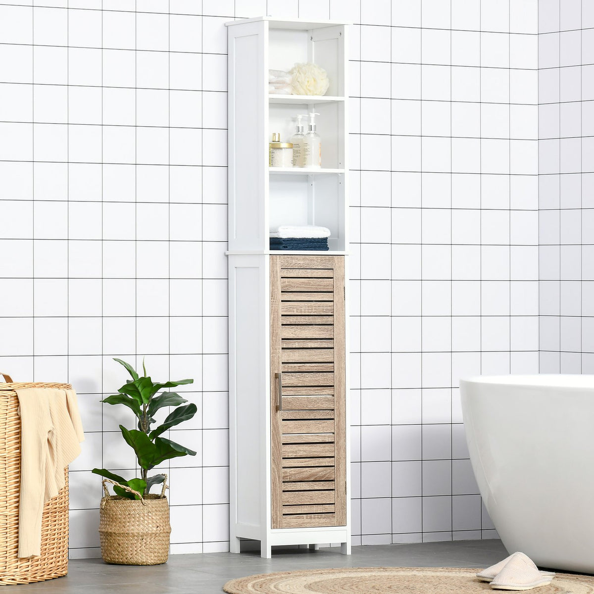 Bathroom Tall Cabinet Freestanding Cabinet With 3 Open Shelves, Adjustable Shelf, White, 34X26X172Cm