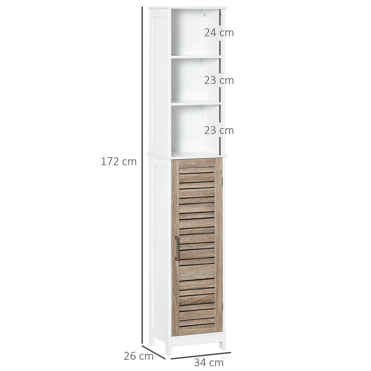 Bathroom Tall Cabinet Freestanding Cabinet With 3 Open Shelves, Adjustable Shelf, White, 34X26X172Cm