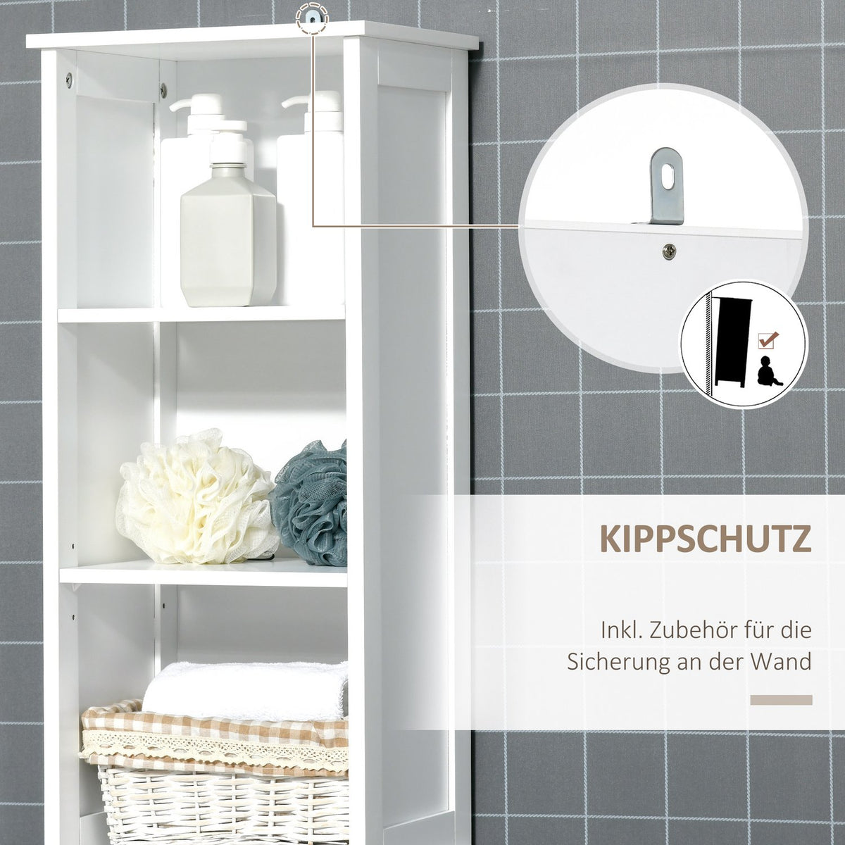 Bathroom Tall Cabinet Freestanding Cabinet With 3 Open Shelves, Adjustable Shelf, White, 34X26X172Cm