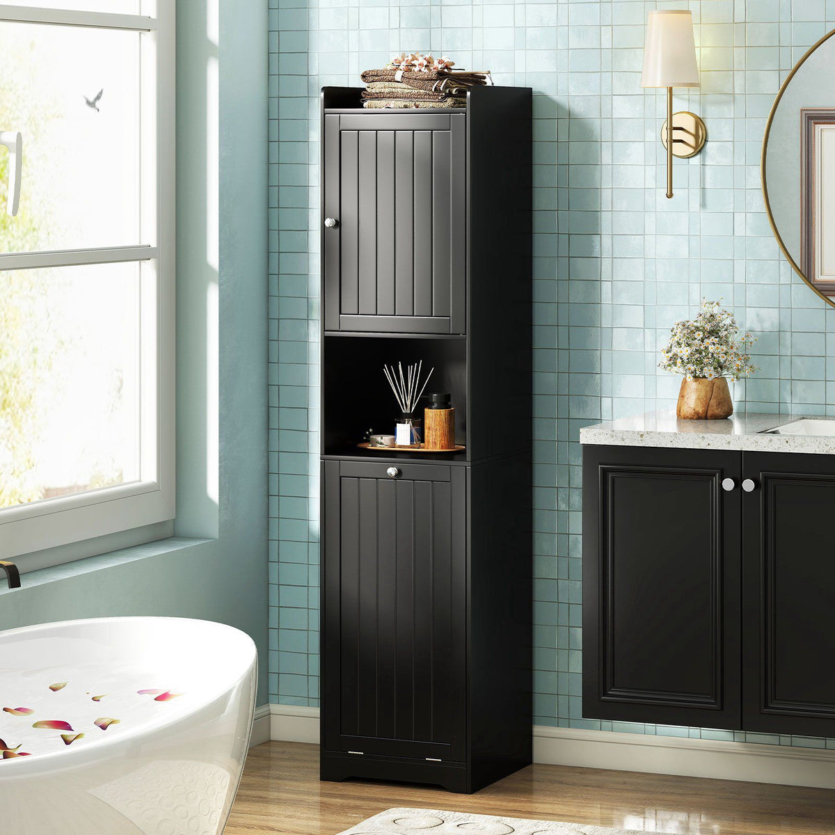 Bathroom Tall Cabinet With Laundry Hamper, Adjustable Shelf, Black