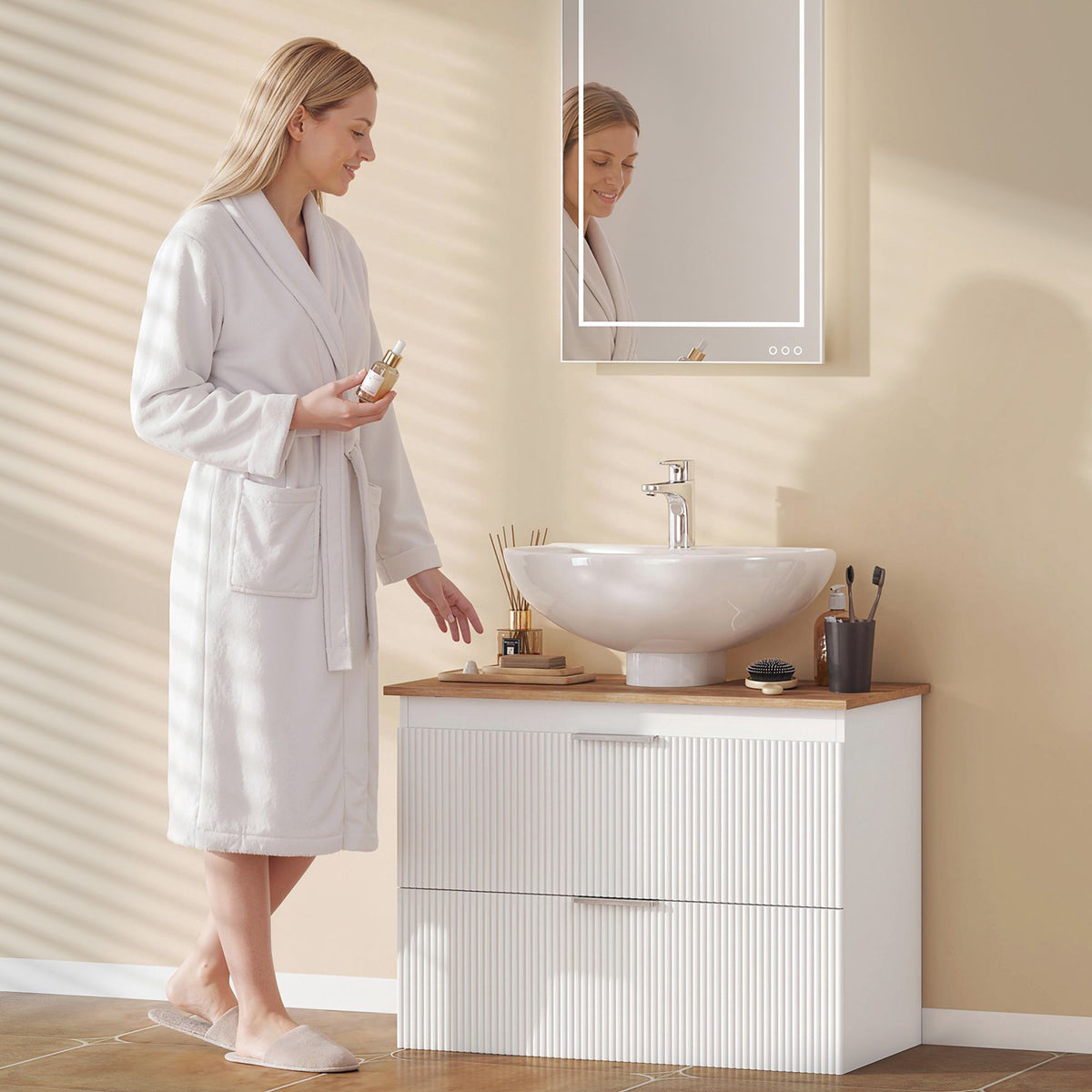 Bathroom Vanity Cabinet with Drawers, White/Natural Wood