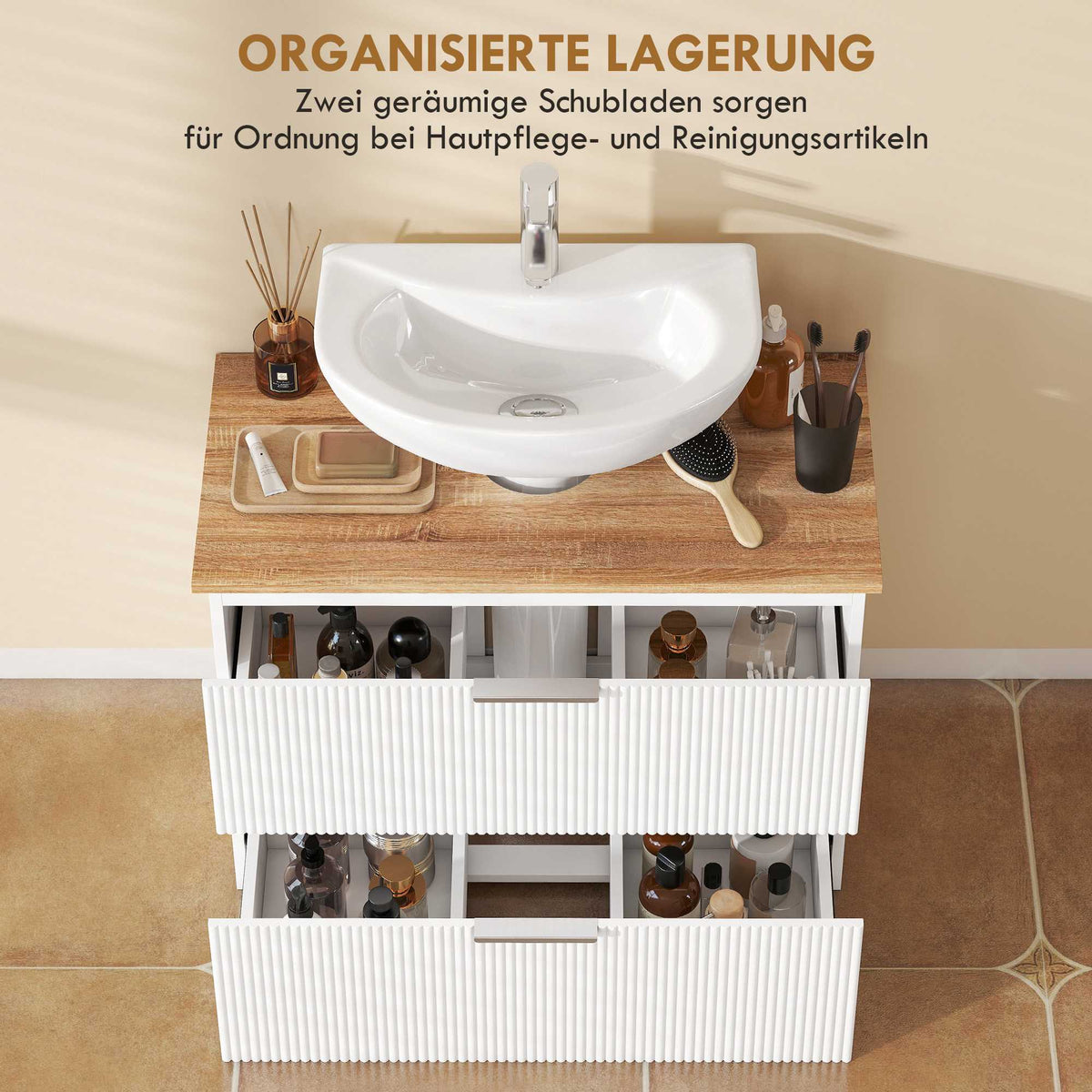 Bathroom Vanity Cabinet with Drawers, White/Natural Wood