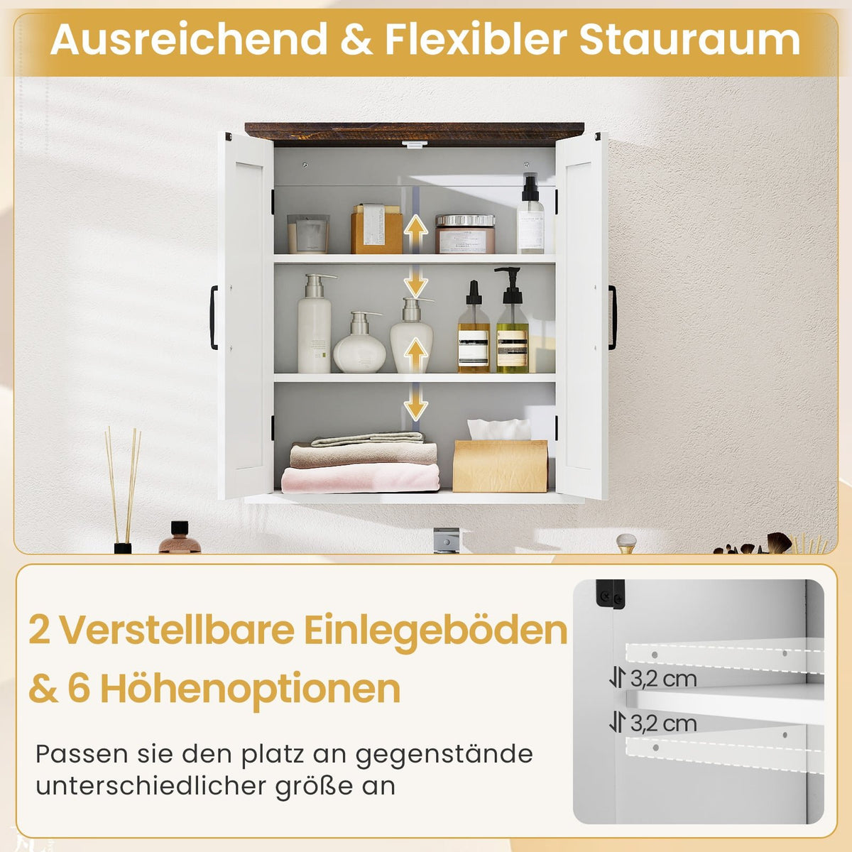 Bathroom Wall Cabinet, 2 Doors, Adjustable Shelves, White