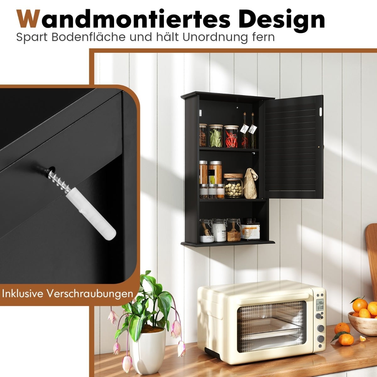Bathroom Wall Cabinet, Adjustable Shelves, Black MDF