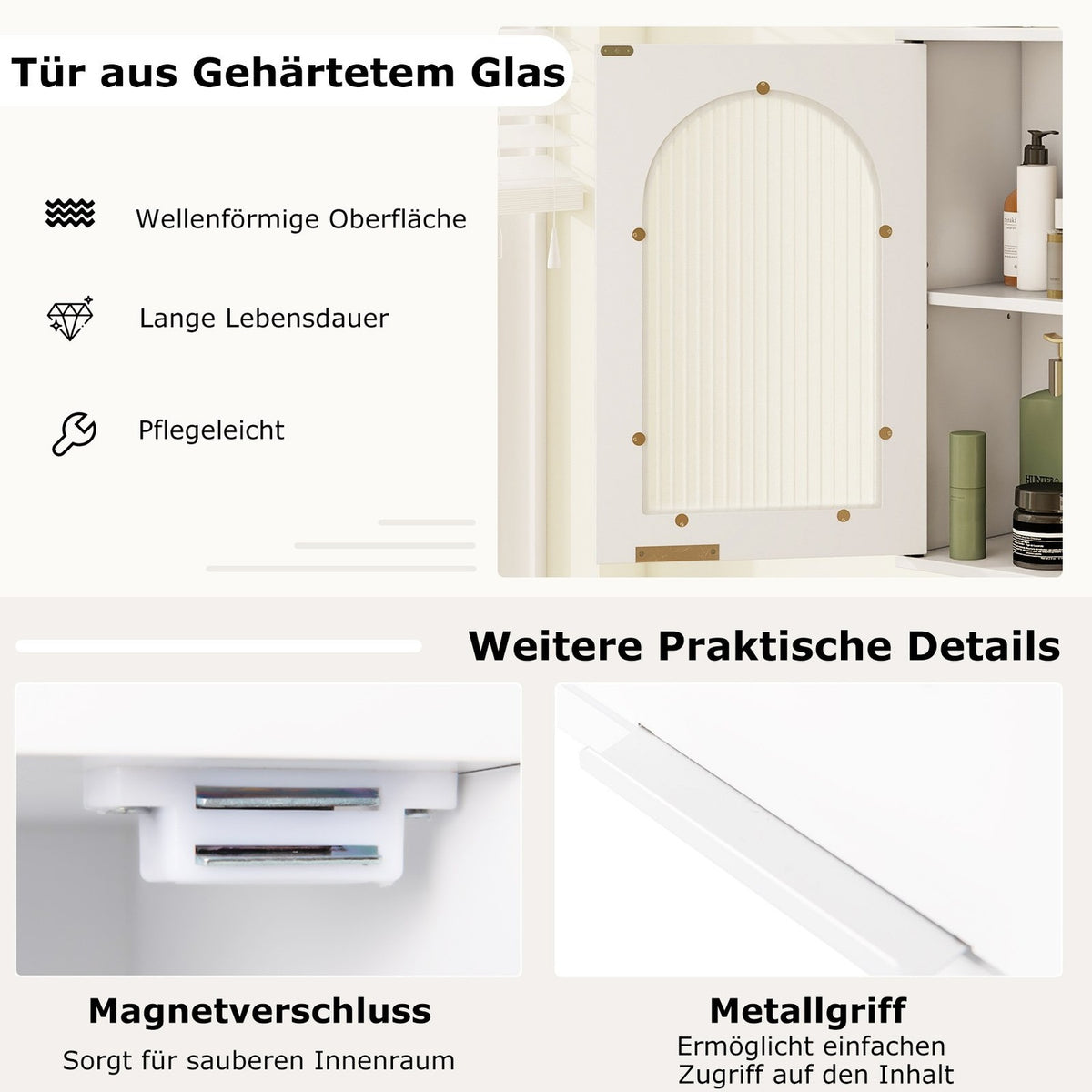 Bathroom Wall Cabinet with Glass Door, Adjustable Shelf, White