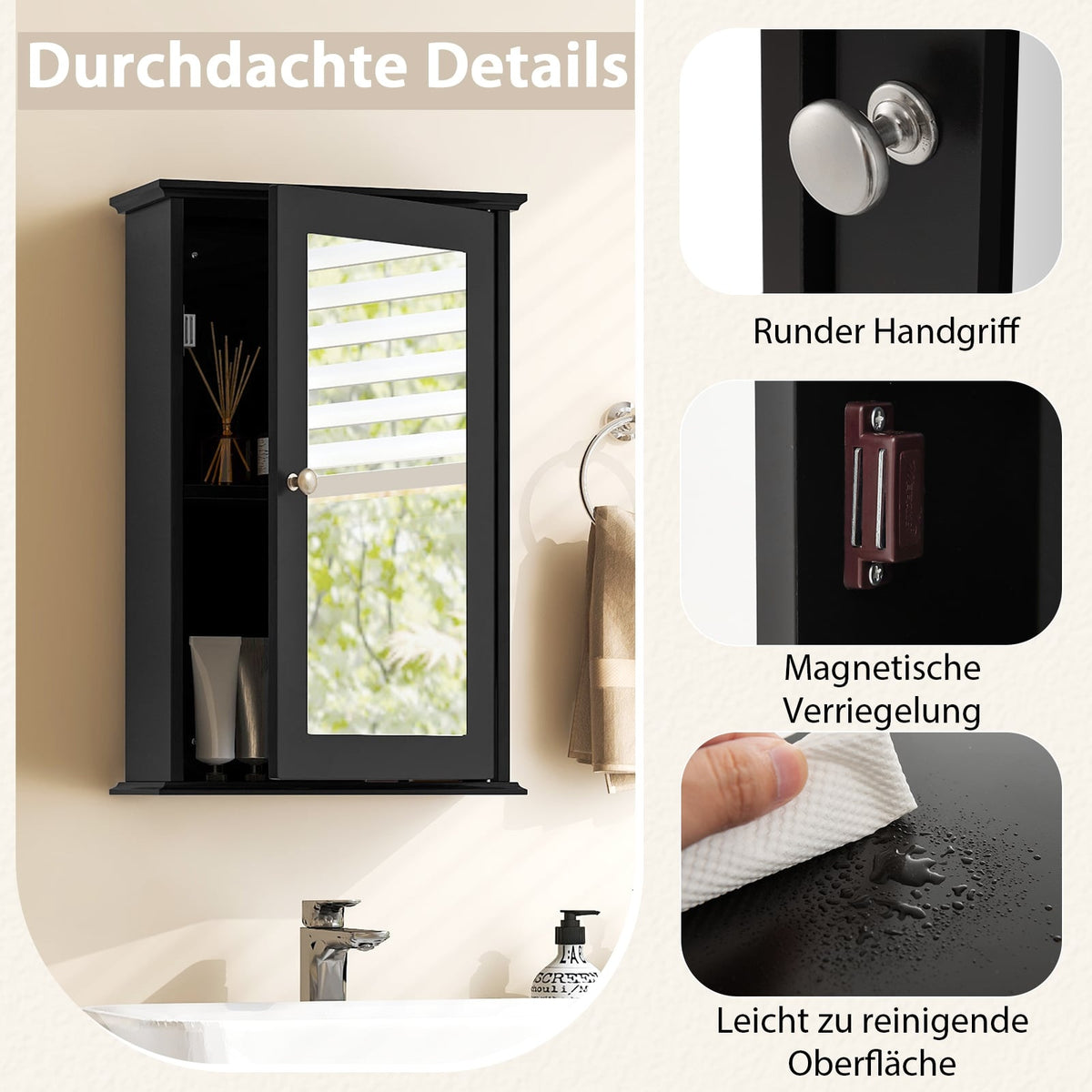 Bathroom Wall Cabinet with Mirror, Adjustable Shelf, Black
