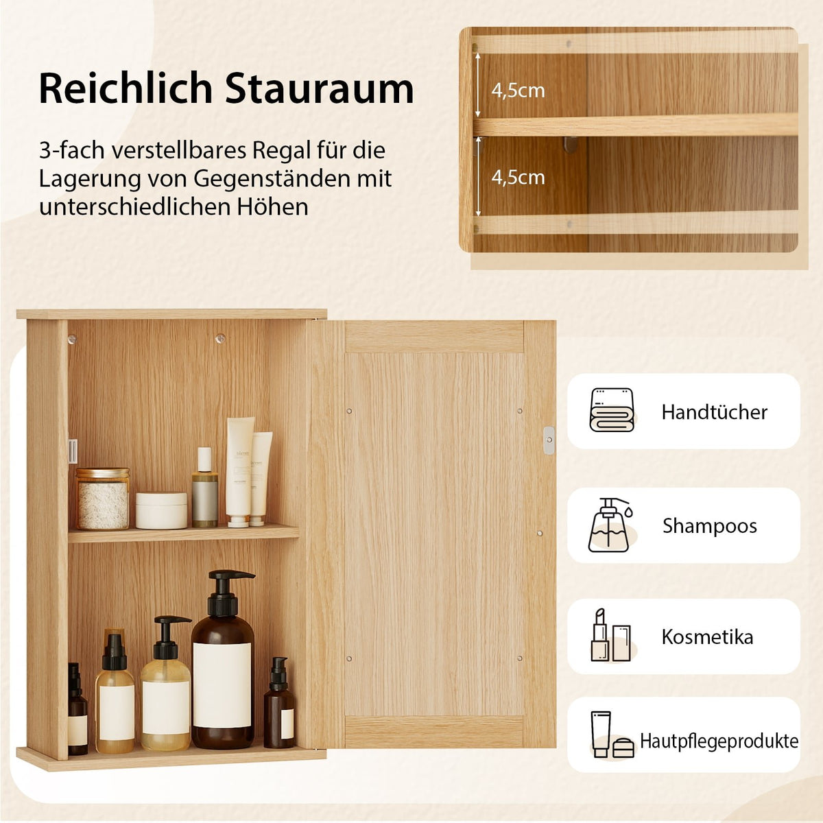 Bathroom Wall Cabinet with Mirror, Adjustable Shelf, Single Door